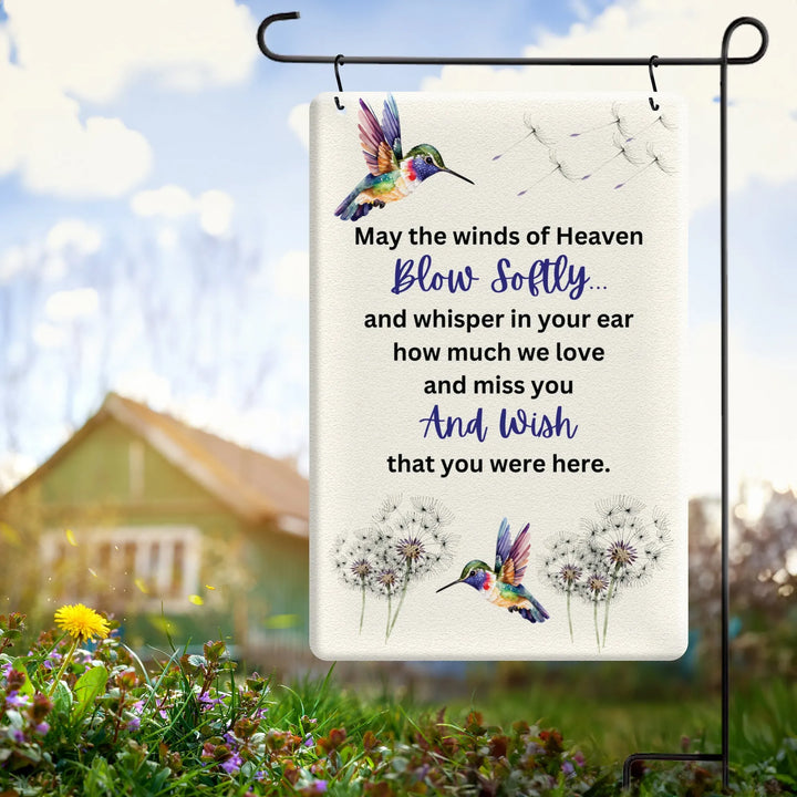 Memorial garden flag with colorful hummingbirds, dandelions, and sentimental quote about love and loss