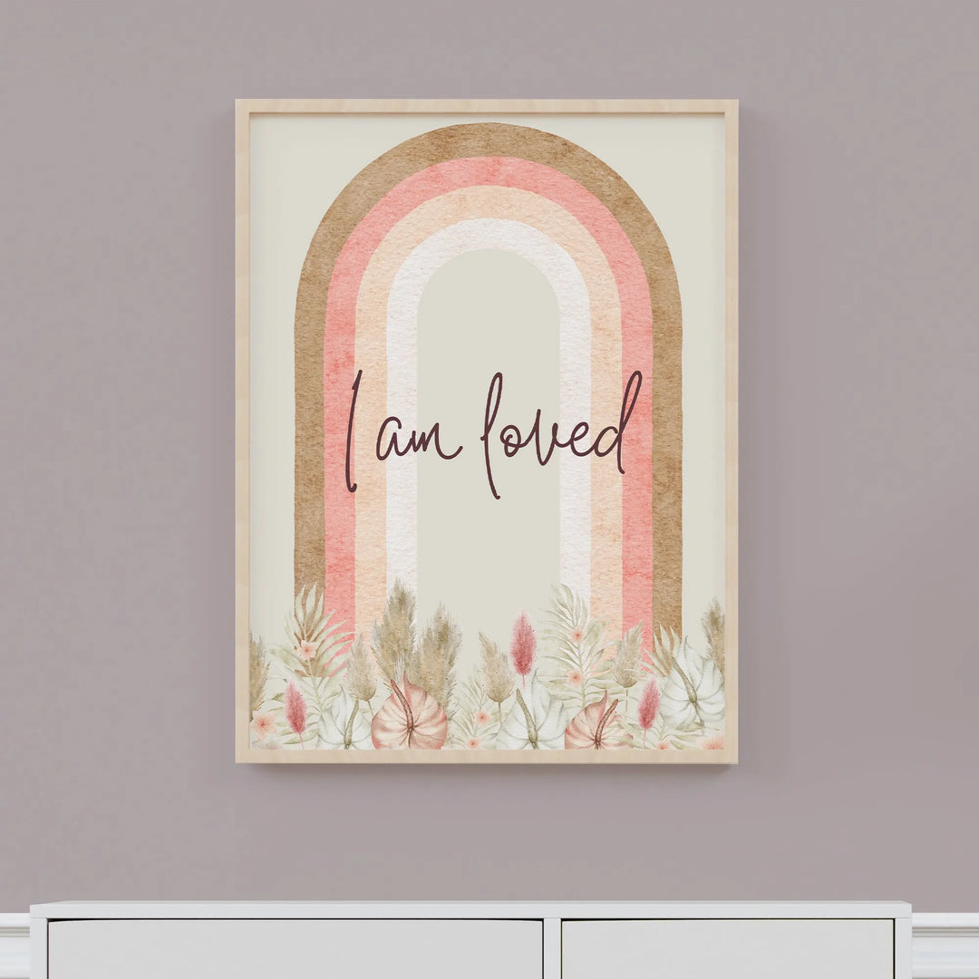 Watercolor rainbow nursery poster with text I am loved and floral elements in soft neutral tones