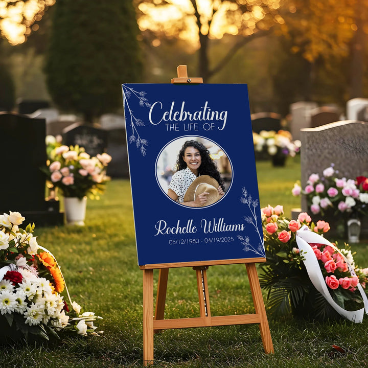 In Loving Memory Memorial Photo Poster with Navy Background and Floral Stems - iCustomLabel