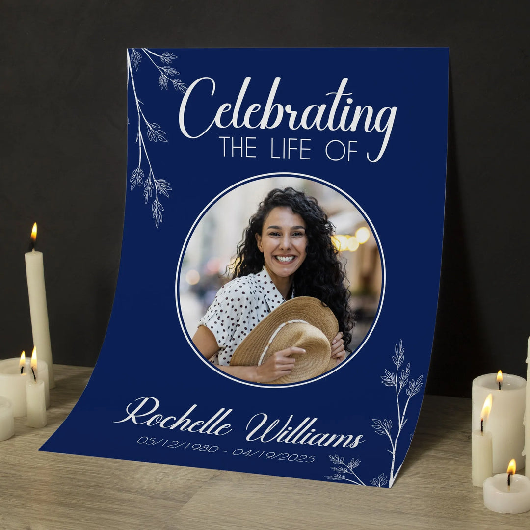 In Loving Memory Memorial Photo Poster with Navy Background and Floral Stems - iCustomLabel