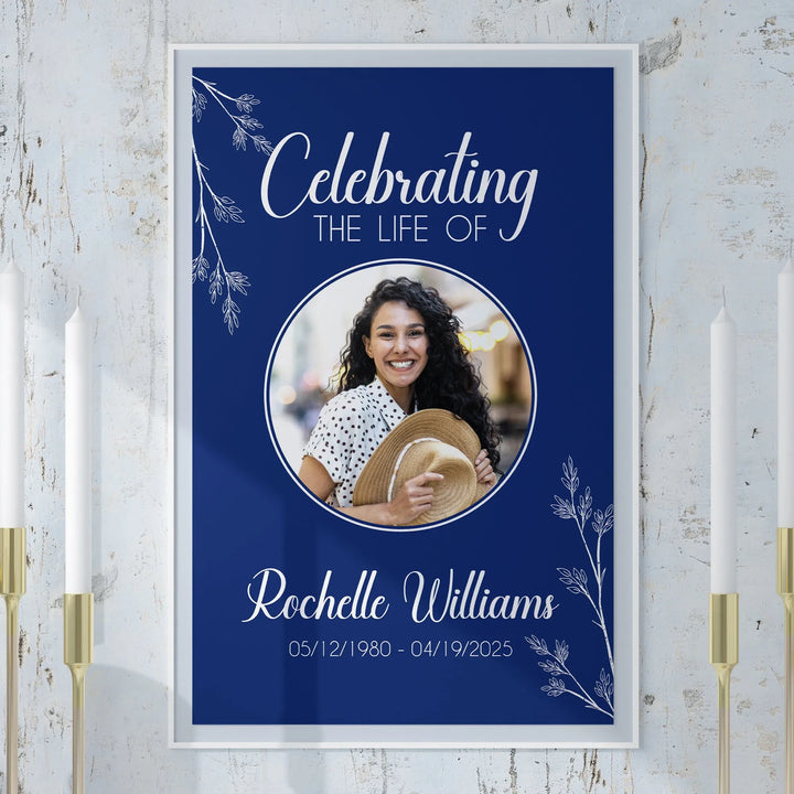 In Loving Memory Memorial Photo Poster with Navy Background and Floral Stems - iCustomLabel