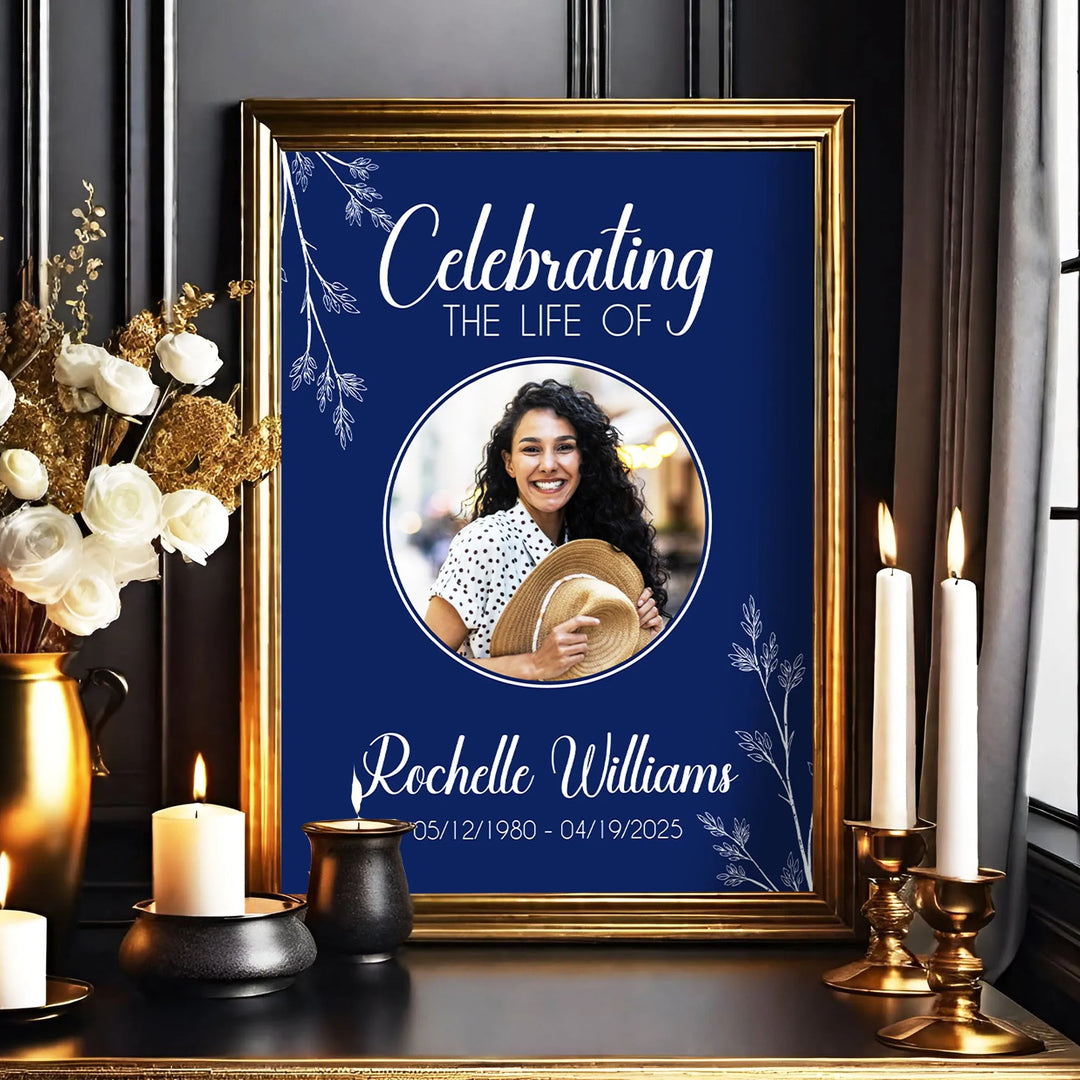 In Loving Memory Memorial Photo Poster with Navy Background and Floral Stems - iCustomLabel