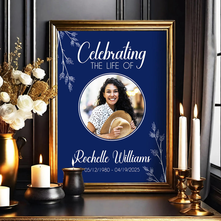 In Loving Memory Memorial Photo Poster with Navy Background and Floral Stems - iCustomLabel