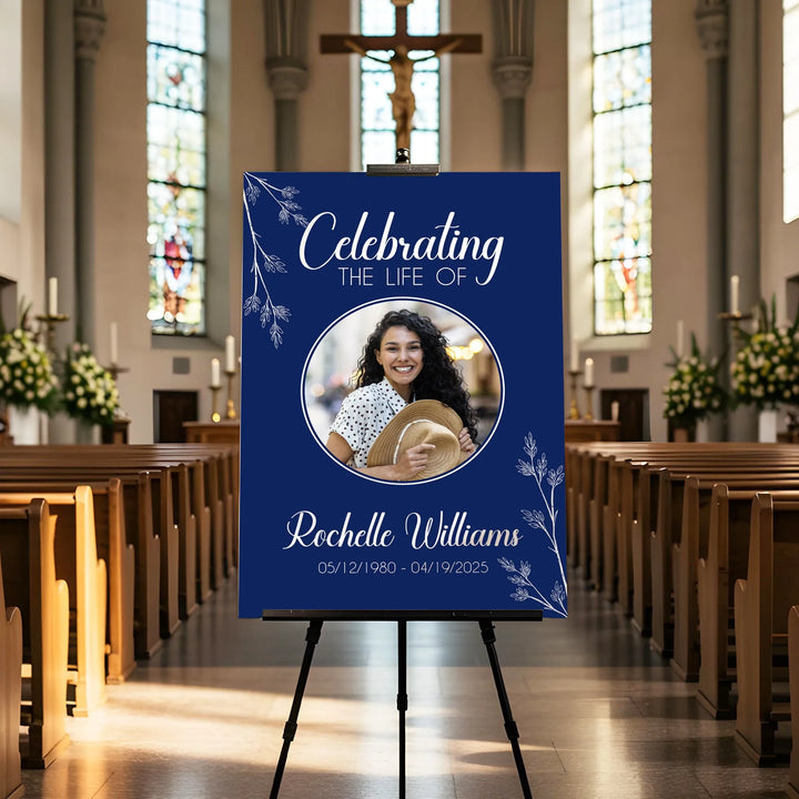 In Loving Memory Memorial Photo Poster with Navy Background and Floral Stems - iCustomLabel