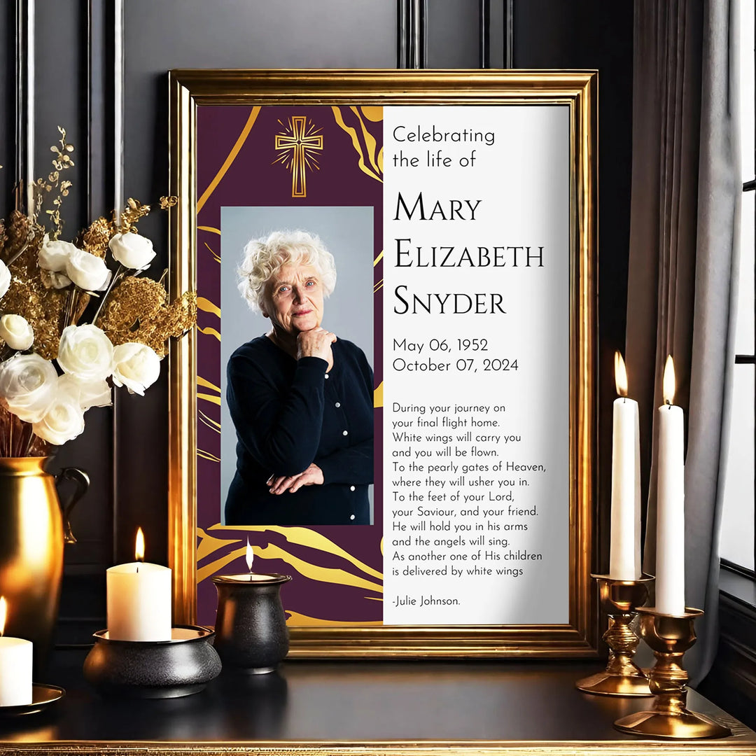 In Loving Memory Memorial Photo Poster with Royal Gold Background and Cross - iCustomLabel