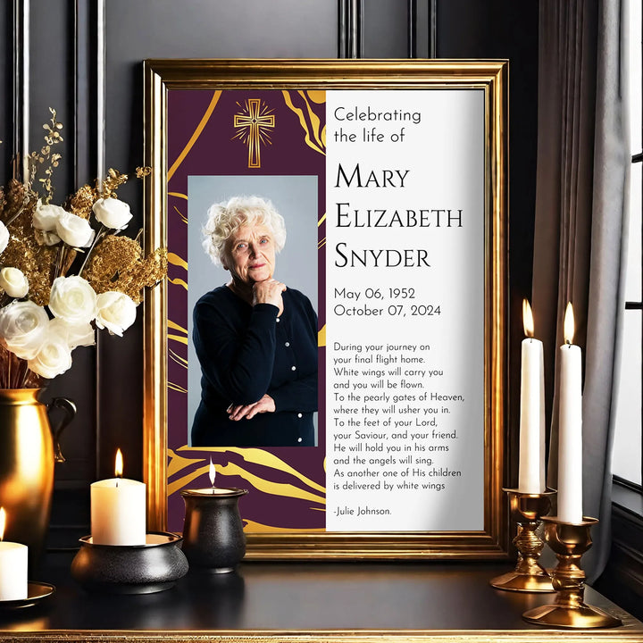 In Loving Memory Memorial Photo Poster with Royal Gold Background and Cross - iCustomLabel