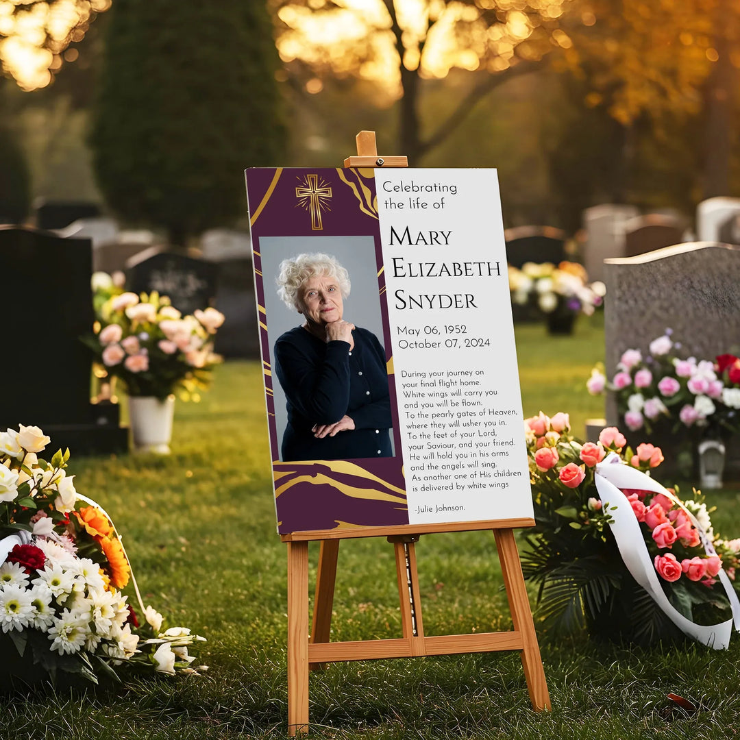 In Loving Memory Memorial Photo Poster with Royal Gold Background and Cross - iCustomLabel