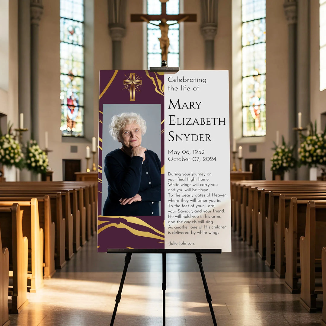 In Loving Memory Memorial Photo Poster with Royal Gold Background and Cross - iCustomLabel