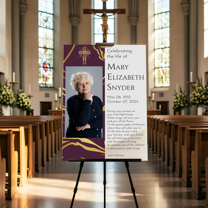 In Loving Memory Memorial Photo Poster with Royal Gold Background and Cross - iCustomLabel