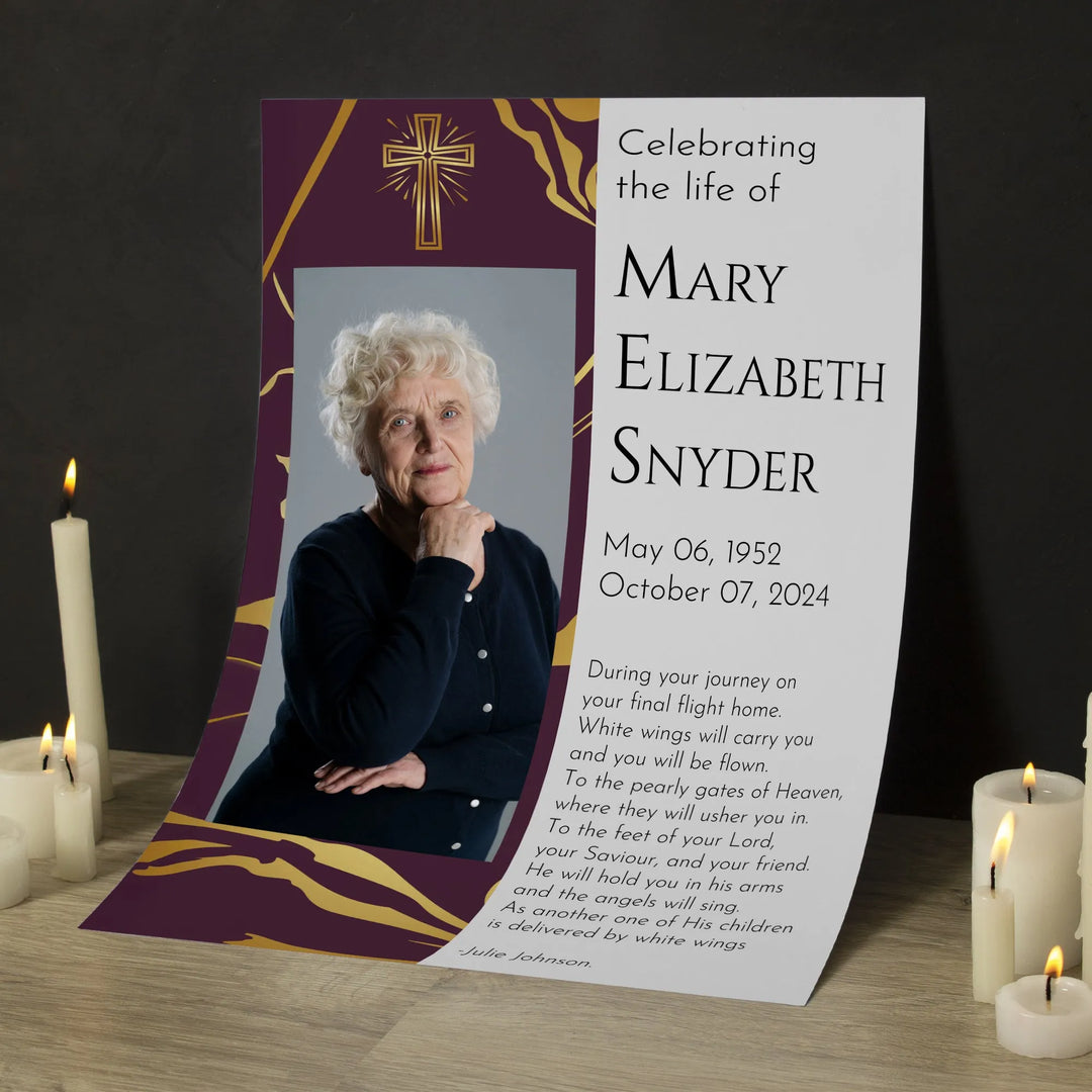 In Loving Memory Memorial Photo Poster with Royal Gold Background and Cross - iCustomLabel