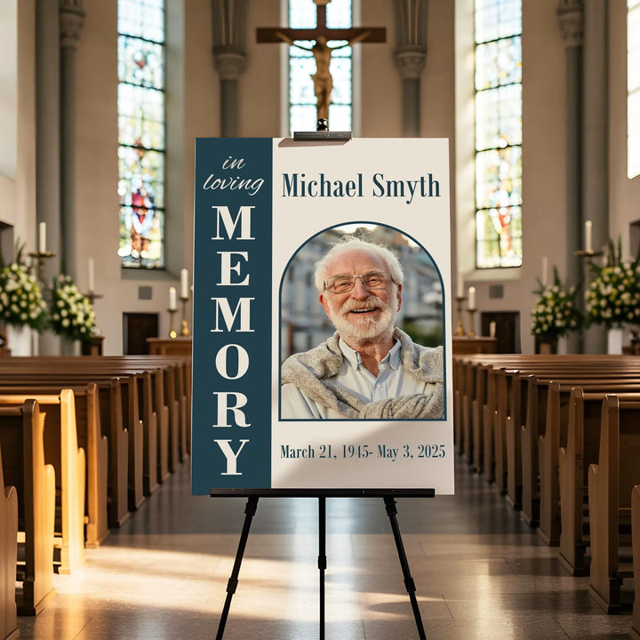 In Loving Memory Personalized Photo Poster with Blue Arch Design - iCustomLabel