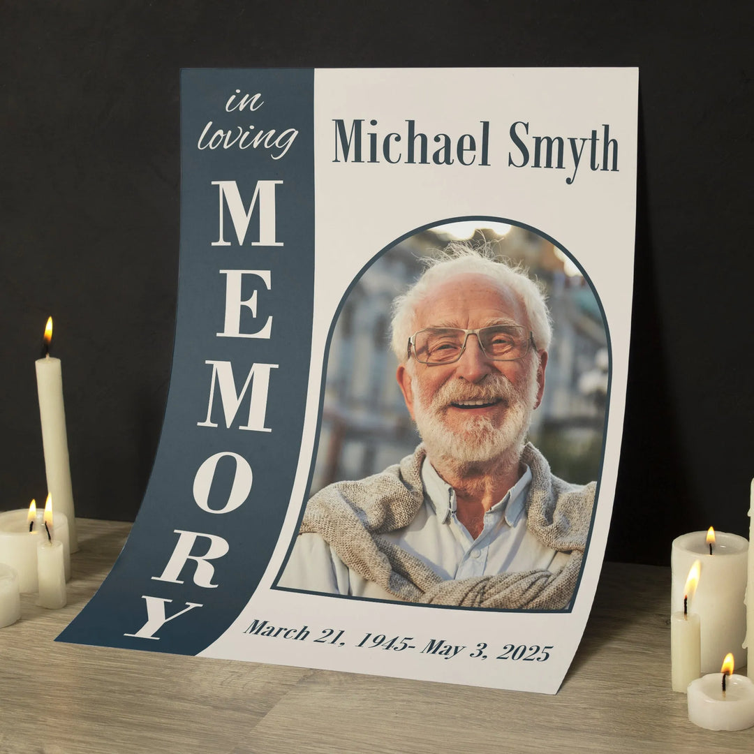 In Loving Memory Personalized Photo Poster with Blue Arch Design - iCustomLabel