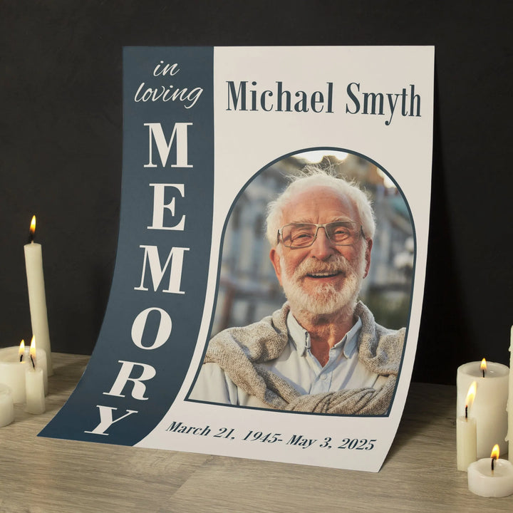 In Loving Memory Personalized Photo Poster with Blue Arch Design - iCustomLabel