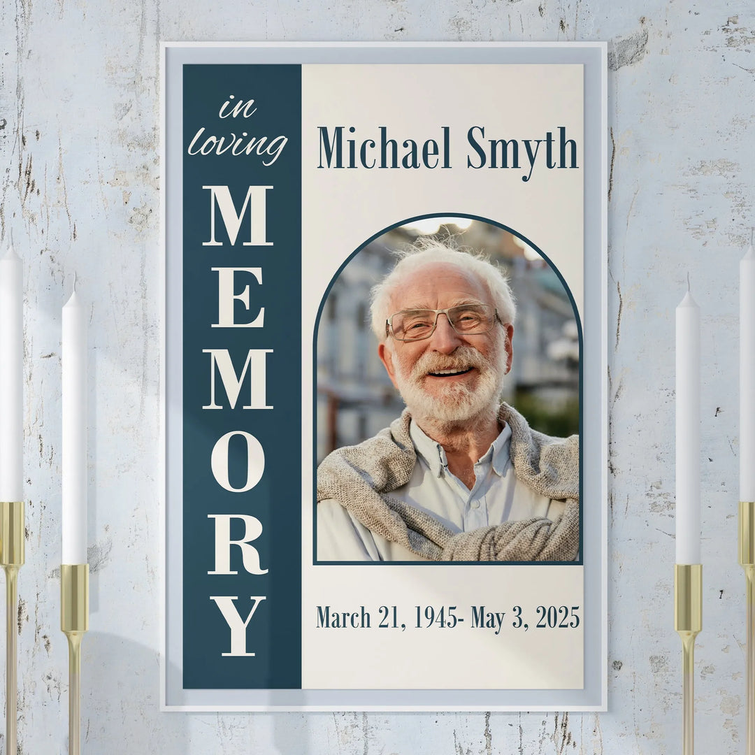 In Loving Memory Personalized Photo Poster with Blue Arch Design - iCustomLabel