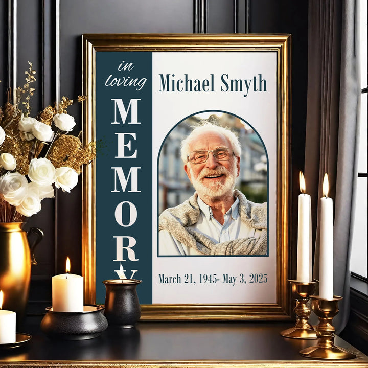 In Loving Memory Personalized Photo Poster with Blue Arch Design - iCustomLabel