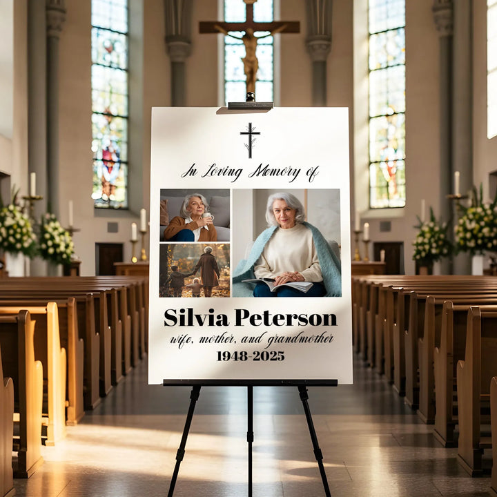 In Loving Memory Photo Collage Poster with Cross – Personalized Tribute for Loved Ones - iCustomLabel