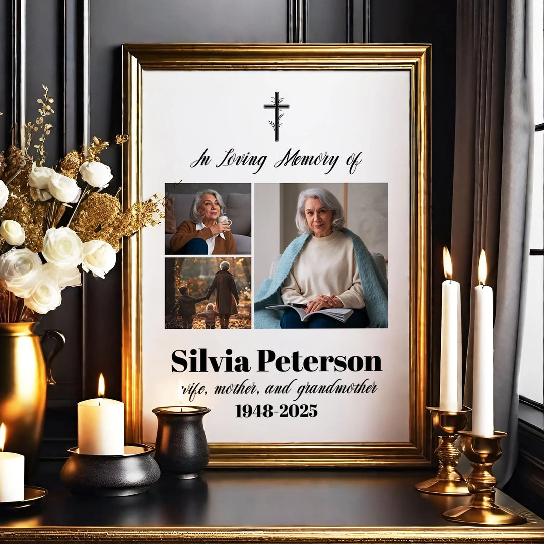 In Loving Memory Photo Collage Poster with Cross – Personalized Tribute for Loved Ones - iCustomLabel