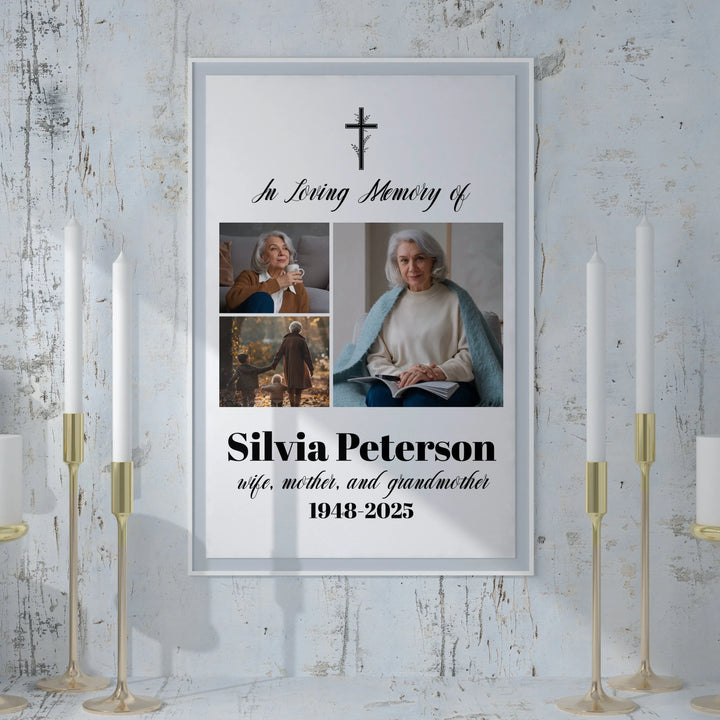 In Loving Memory Photo Collage Poster with Cross – Personalized Tribute for Loved Ones - iCustomLabel