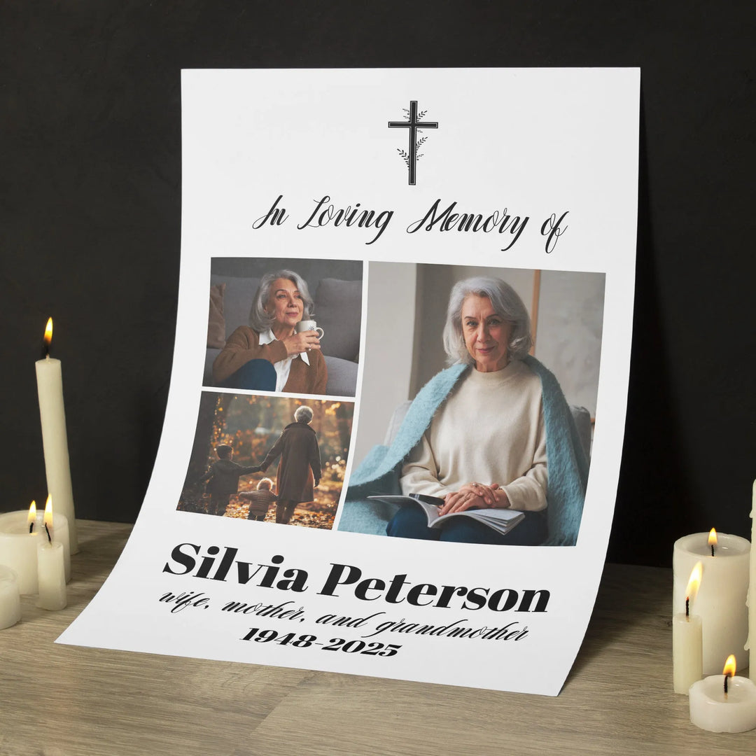 In Loving Memory Photo Collage Poster with Cross – Personalized Tribute for Loved Ones - iCustomLabel