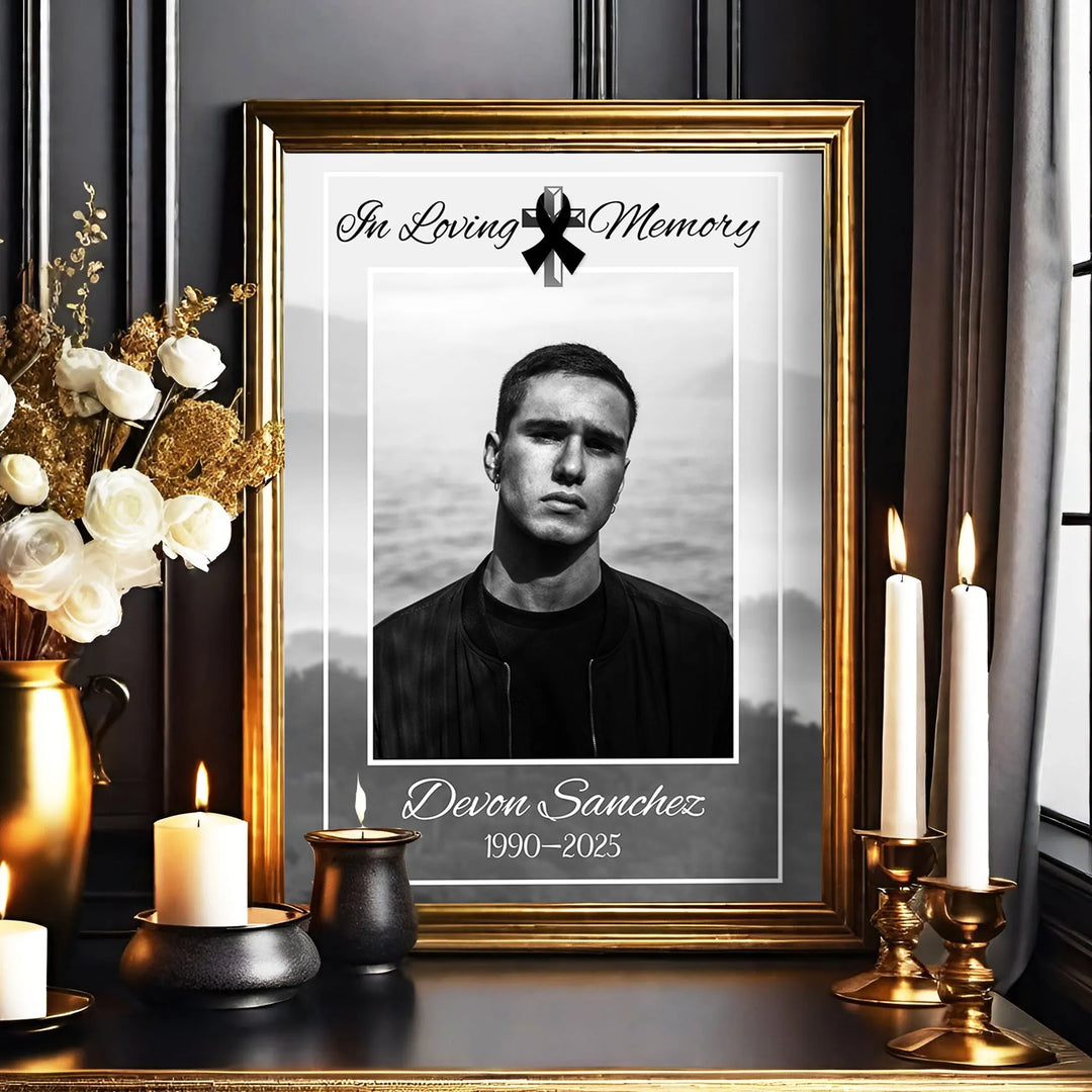 In Loving Memory Photo Collage with Black Ribbon – Personalized Tribute Poster - iCustomLabel