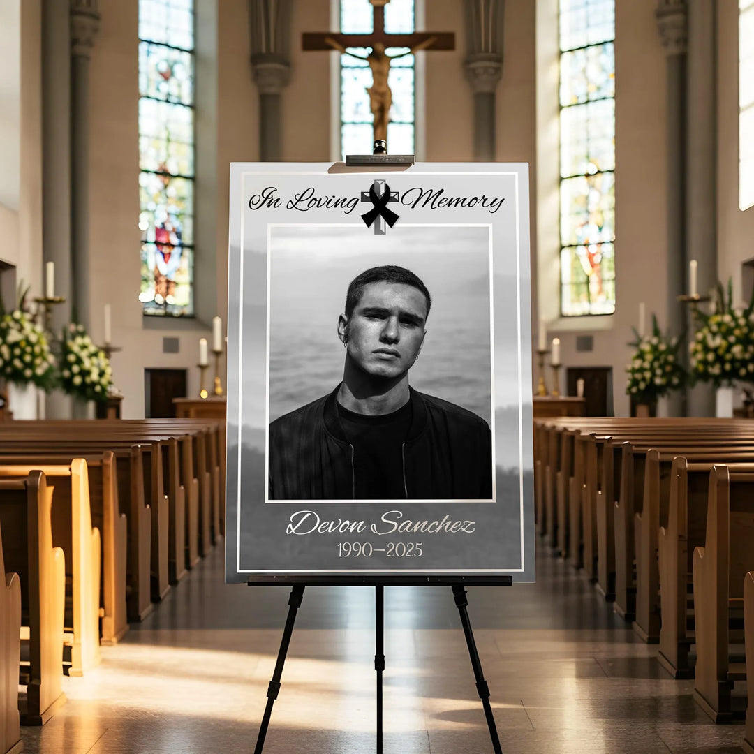 In Loving Memory Photo Collage with Black Ribbon – Personalized Tribute Poster - iCustomLabel