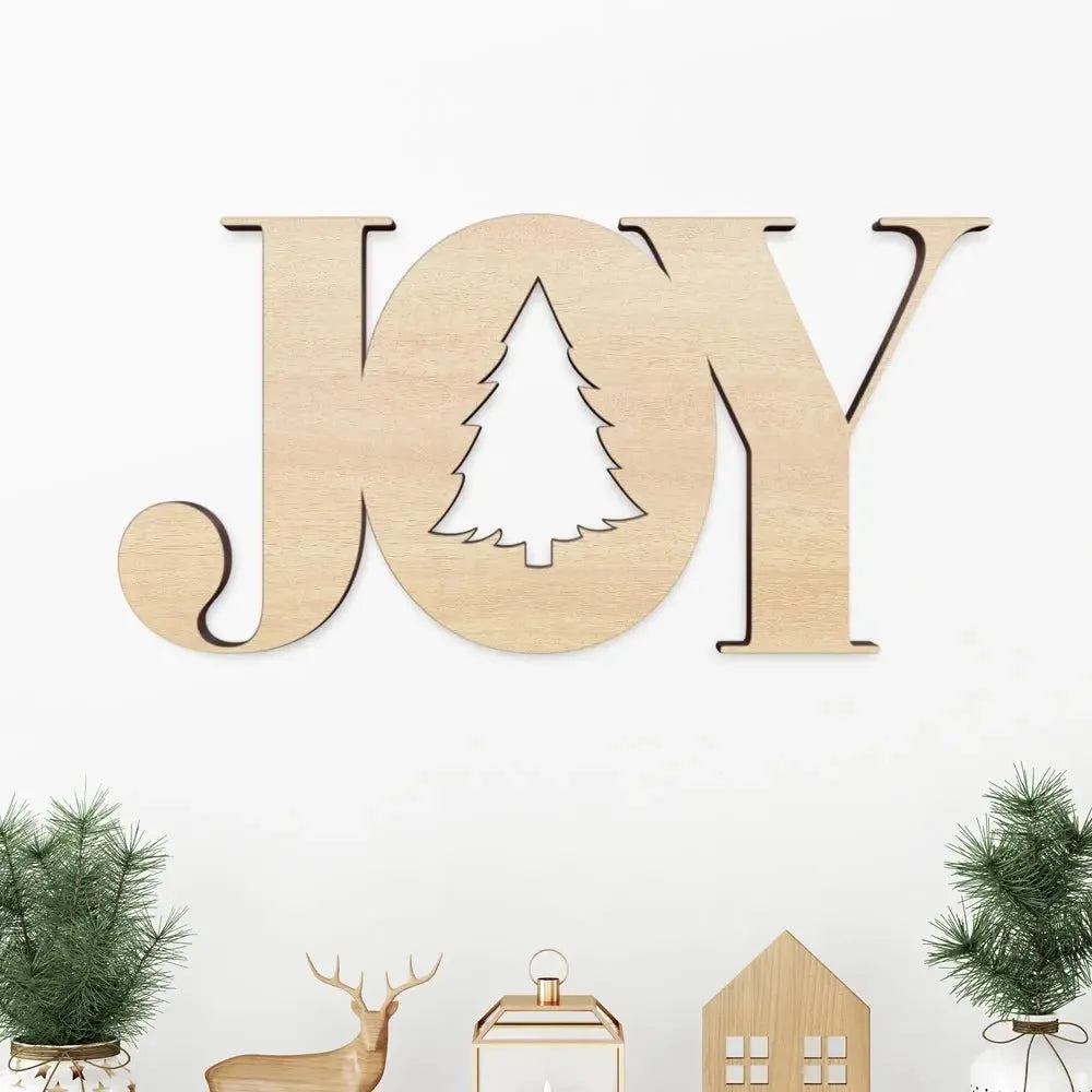 Wooden JOY sign with tree cutout, Christmas decor, mini trees and reindeer on white shelf
