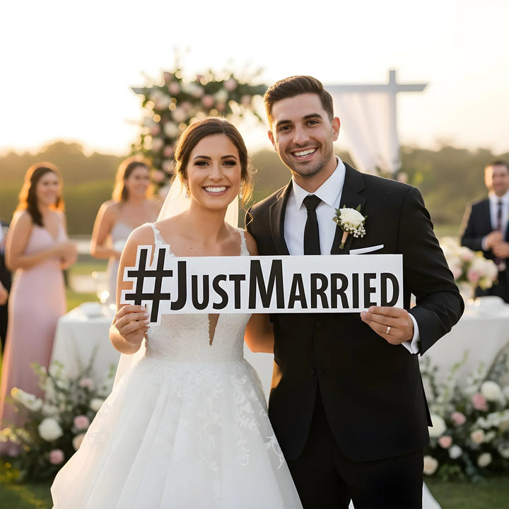 Just Married Hashtag Wood Sign