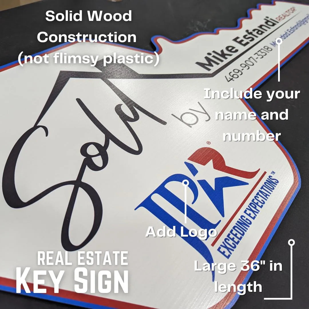 Solid wood real estate key sign with logo and agent name Mike Esfandi Realtor, 36 inches long