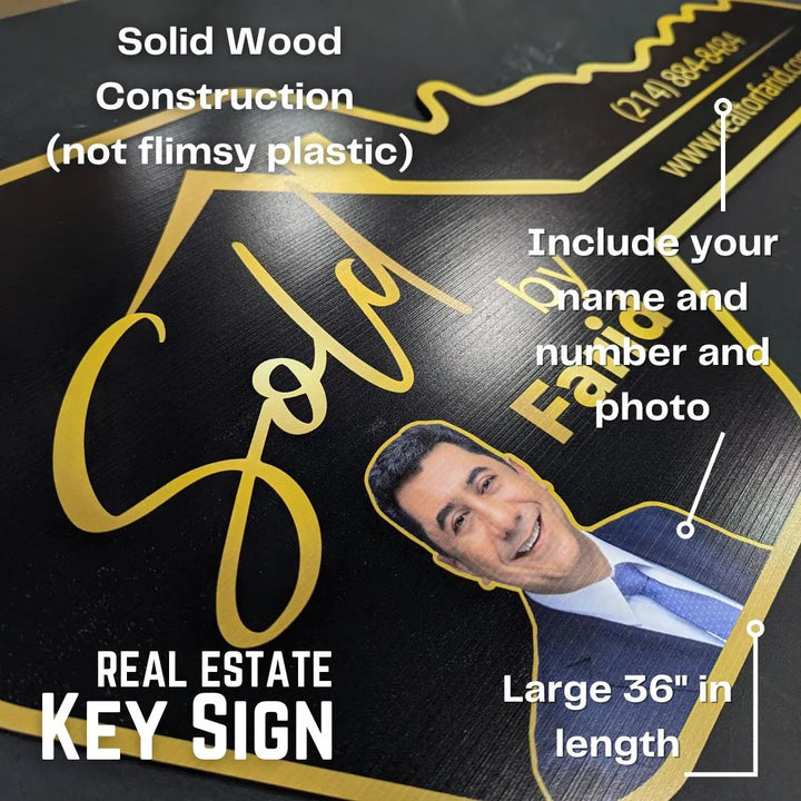 Black and gold real estate key sign with solid wood construction, agent photo, and contact details
