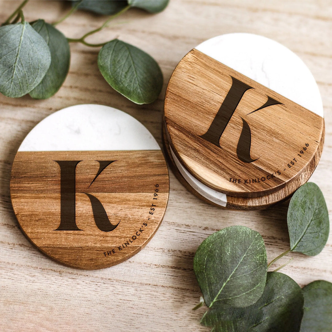 Kinlock Monogram Acacia Wood and Marble Coasters - iCustomLabel