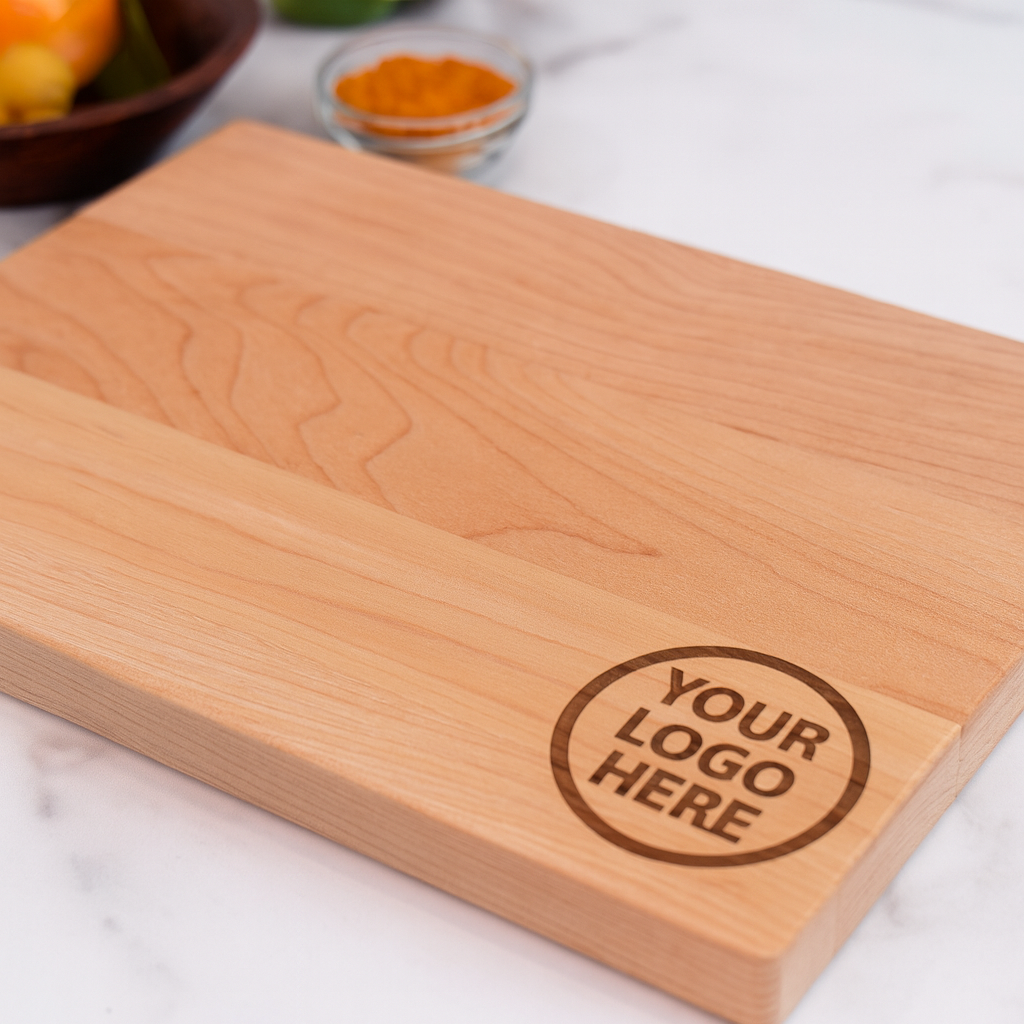 Custom wooden cutting board with engraved 'Your Logo Here' text on marble countertop