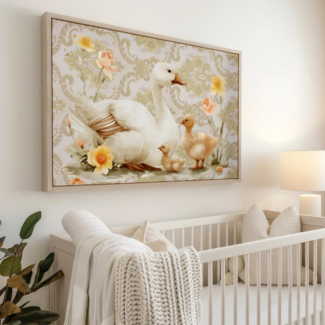 Mama Goose and Ducklings Nursery Poster – Watercolor Wall Art with Flowers - iCustomLabel