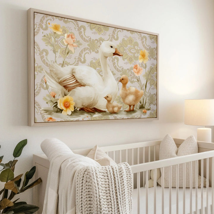 Mama Goose and Ducklings Nursery Poster – Watercolor Wall Art with Flowers - iCustomLabel