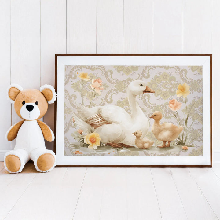 Mama Goose and Ducklings Nursery Poster – Watercolor Wall Art with Flowers - iCustomLabel