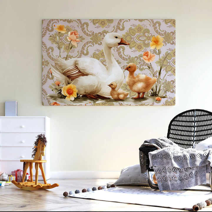 Mama Goose and Ducklings Nursery Poster – Watercolor Wall Art with Flowers - iCustomLabel
