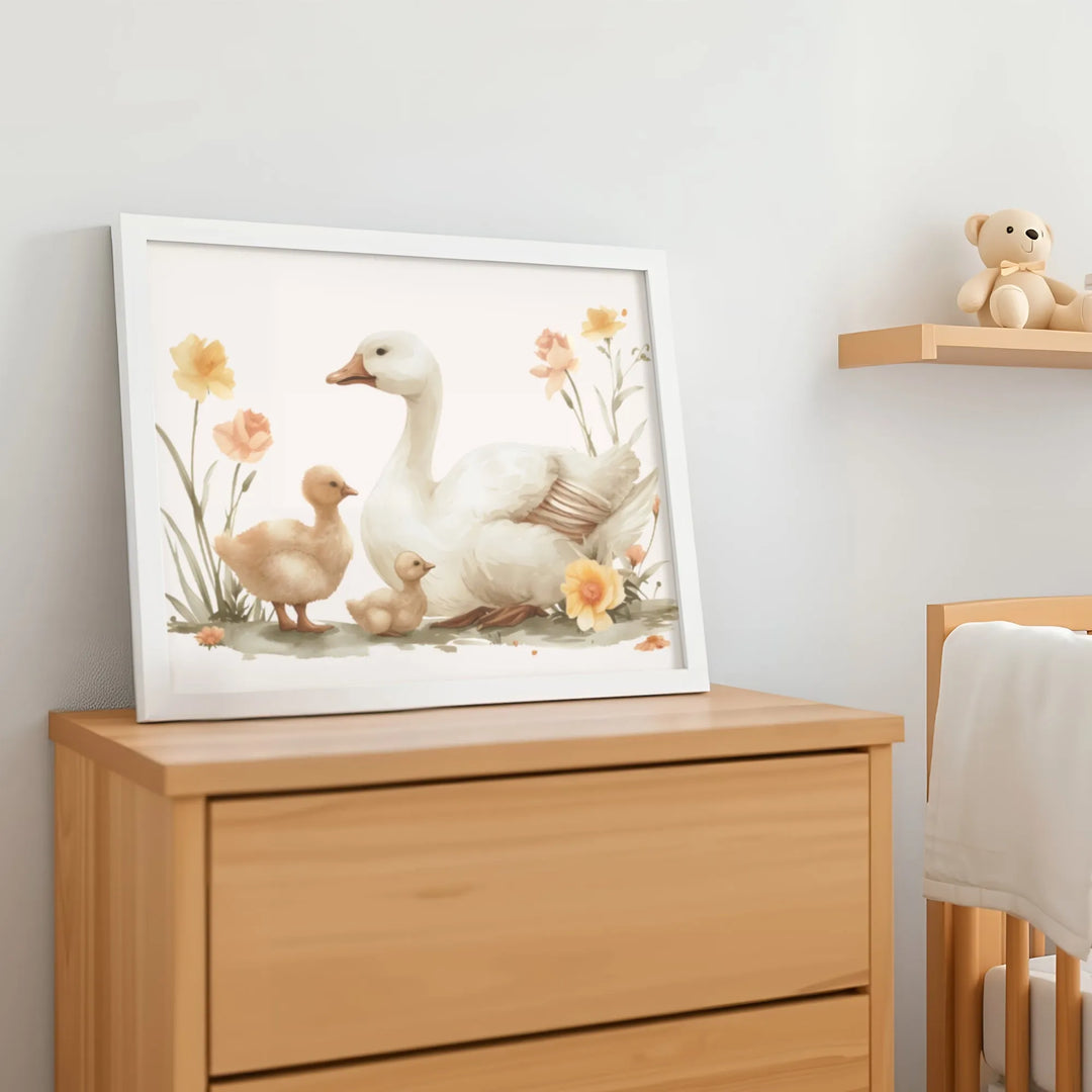 Mama Goose and Ducklings Nursery Poster – Watercolor Wall Art with Flowers - iCustomLabel