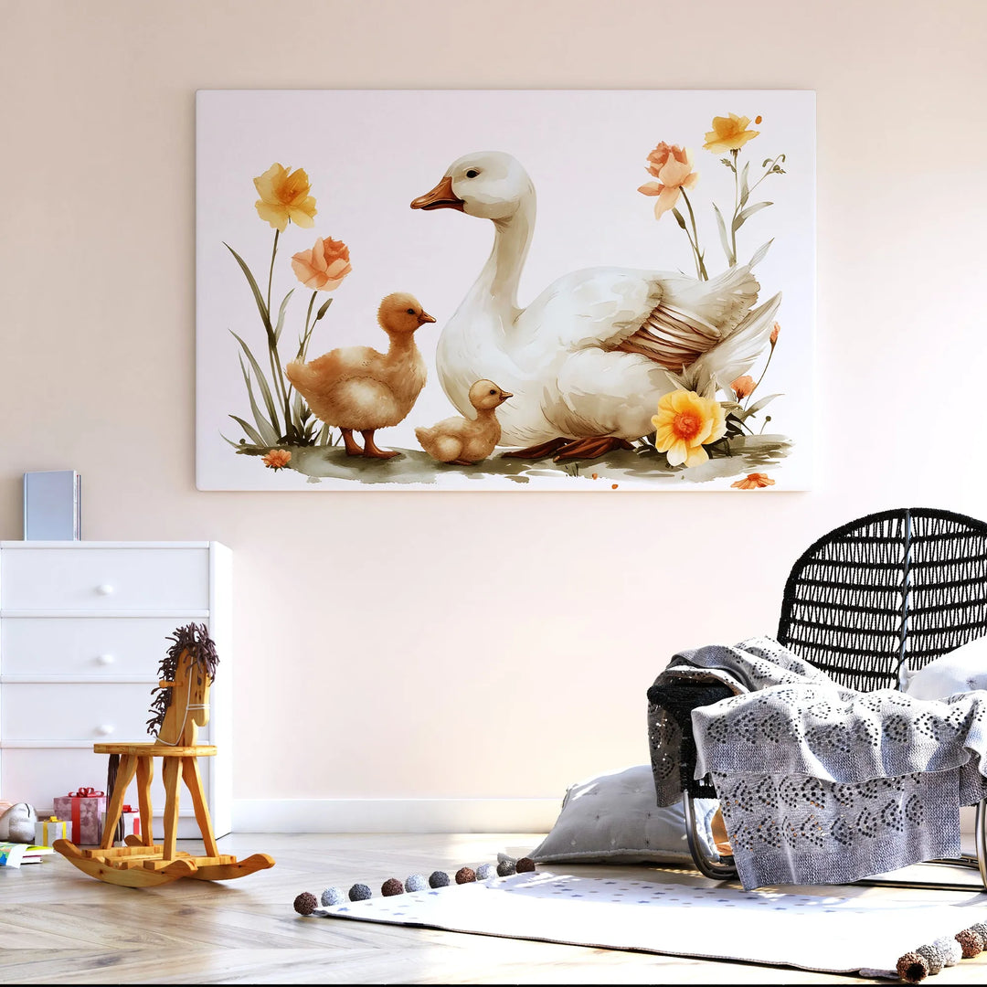 Mama Goose and Ducklings Nursery Poster – Watercolor Wall Art with Flowers - iCustomLabel