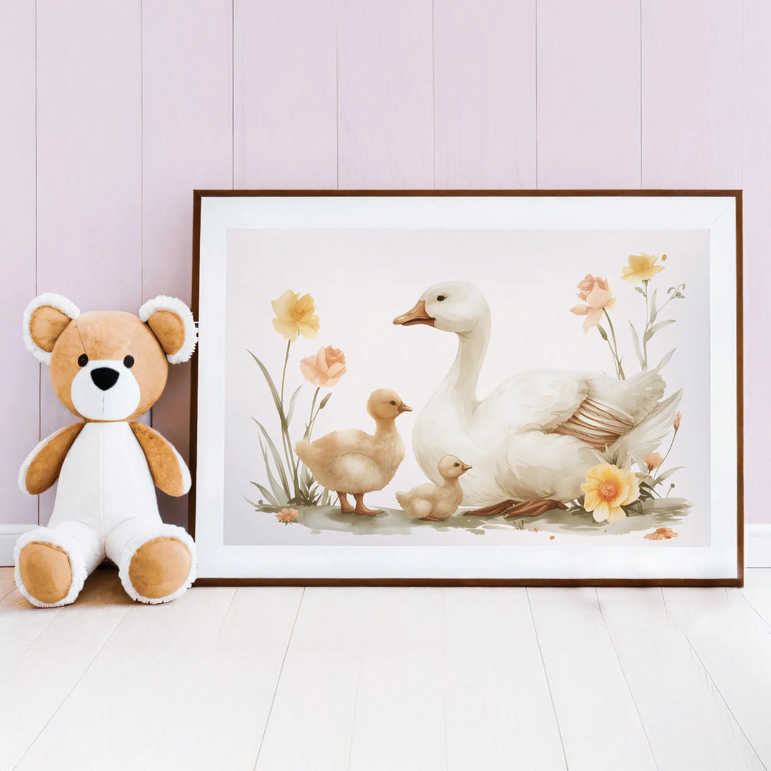Mama Goose and Ducklings Nursery Poster – Watercolor Wall Art with Flowers - iCustomLabel