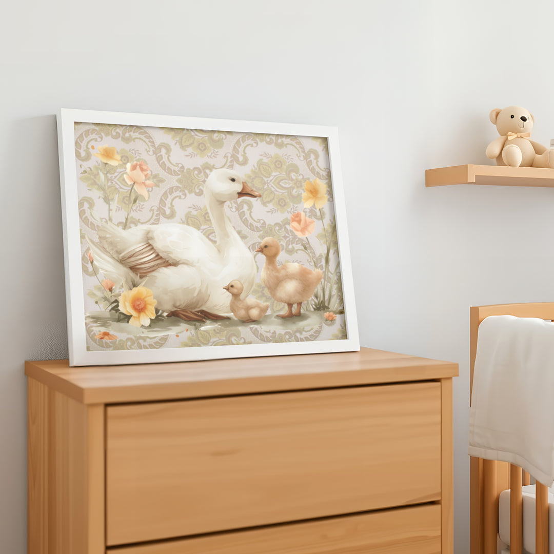 Mama Goose and Ducklings Nursery Poster – Watercolor Wall Art with Flowers - iCustomLabel