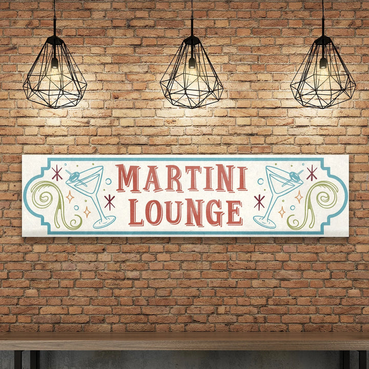 Martini Lounge metal sign with retro lettering and cocktail glass designs on brick wall under pendant lights