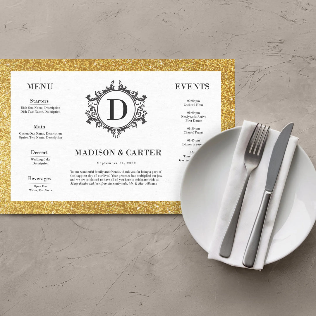 Menu Gold Glitter Border Placemats - iCustomLabel