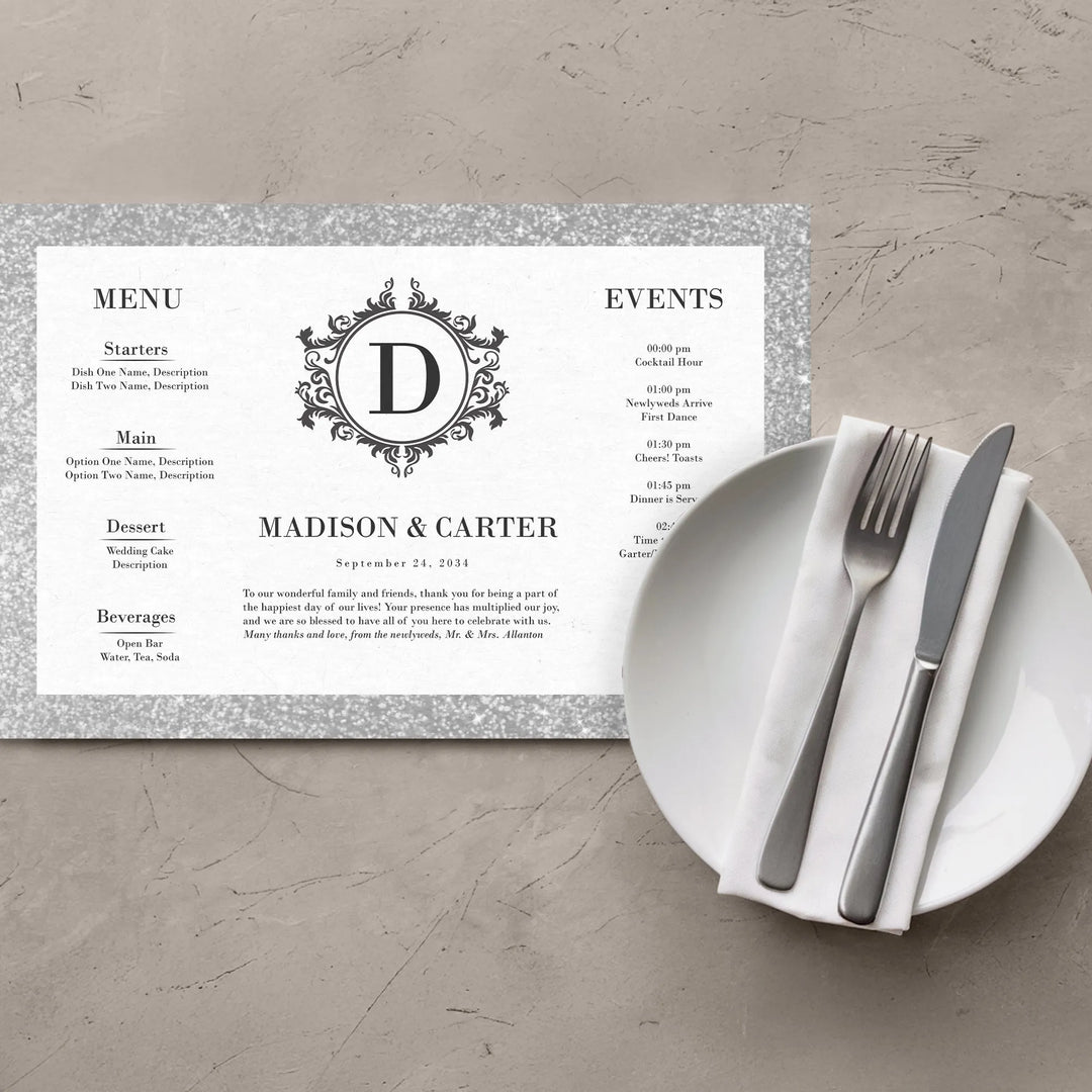 Menu Silver Glitter Border Placemats - iCustomLabel