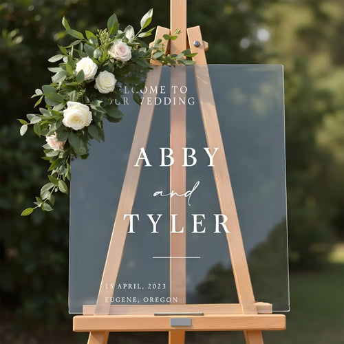 Modern minimalist wedding welcome sign on clear acrylic
