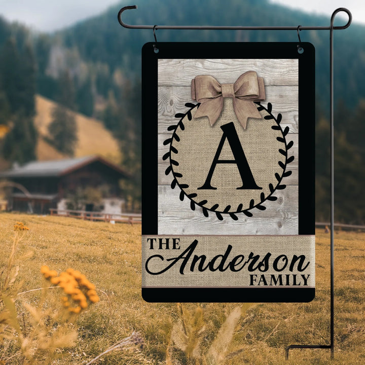 Monogram Family Burlap Metal Garden Flag - iCustomLabel