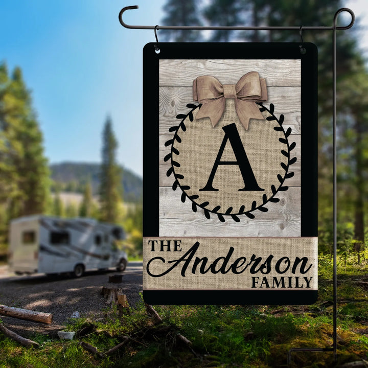 Monogram Family Burlap Metal Garden Flag - iCustomLabel