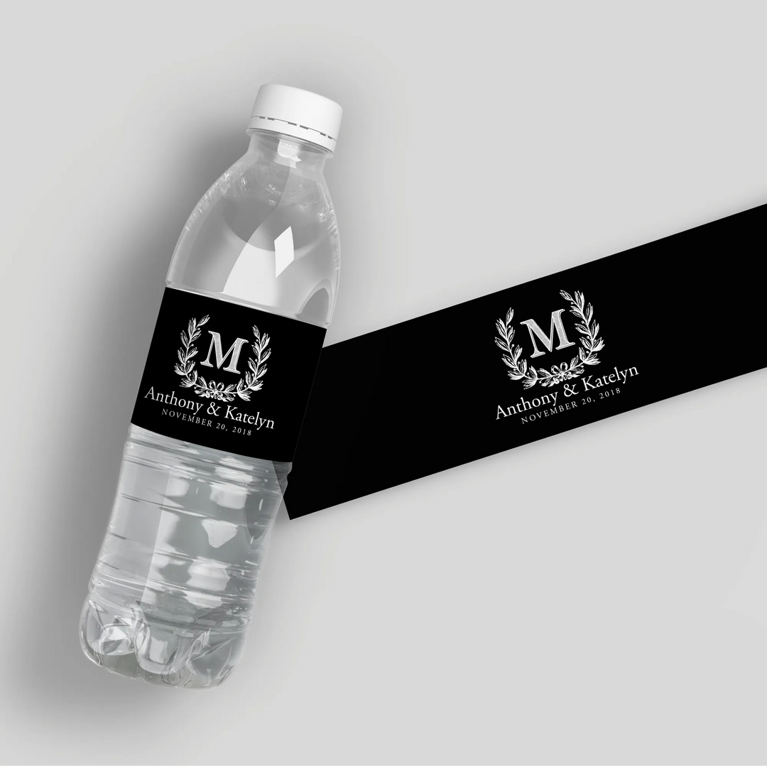 Monogram Wreath Black Water Bottle Labels - iCustomLabel