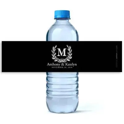 Monogram Wreath Black Water Bottle Labels - iCustomLabel