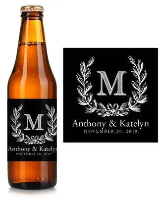 Monogram Wreath Black Wedding Beer Label - iCustomLabel