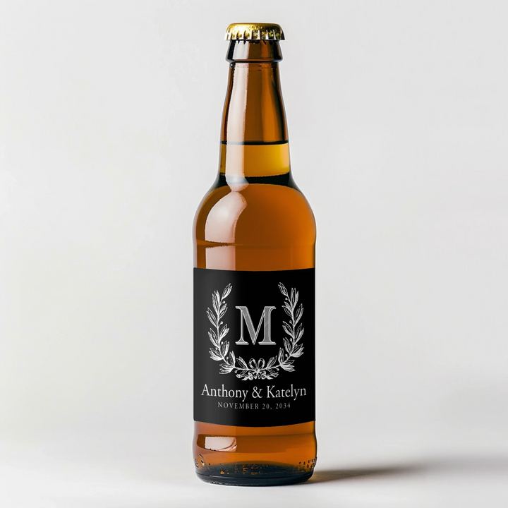 Monogram Wreath Black Wedding Beer Label - iCustomLabel