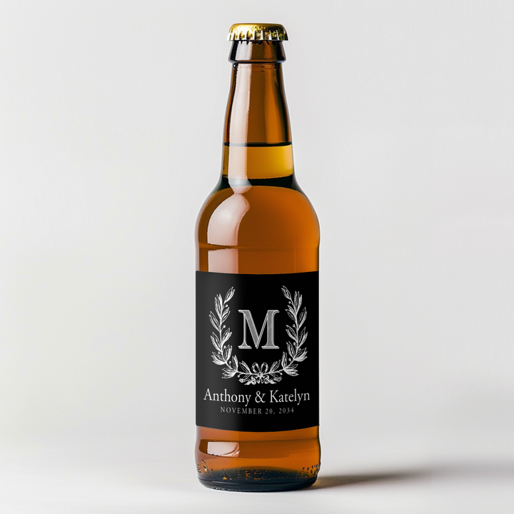 Monogram Wreath Black Wedding Beer Label - iCustomLabel